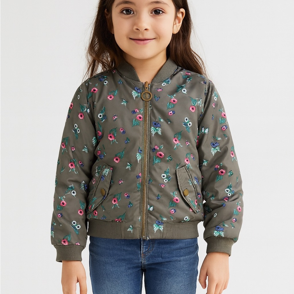 H&M Kids Floral Puffer Jacket - olive green girls‎ size 7-8